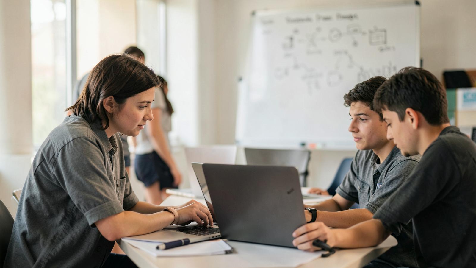 Three people working on laptops at a training table with a whiteboard of diagrams behind them