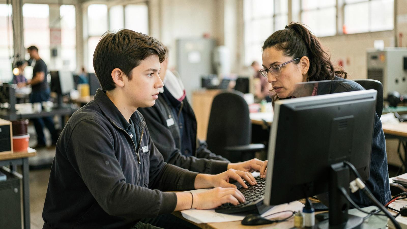 A student learning technical work alongside an experienced mentor